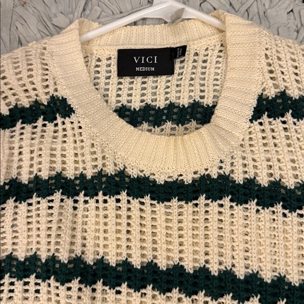 Vici Cream and Green Striped Knit Crop Tank - Picture 2 of 4